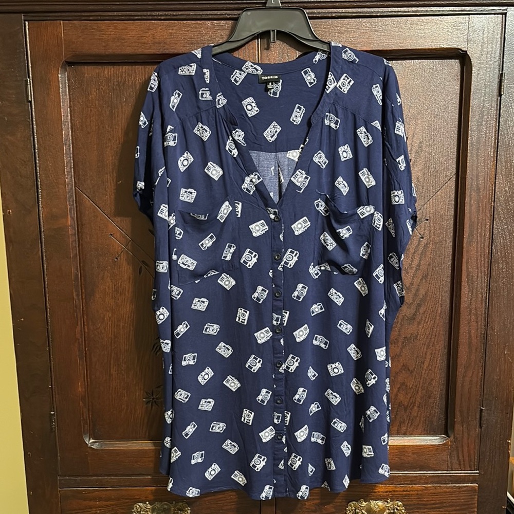 Torrid Button Down Blouse with Camera Pattern